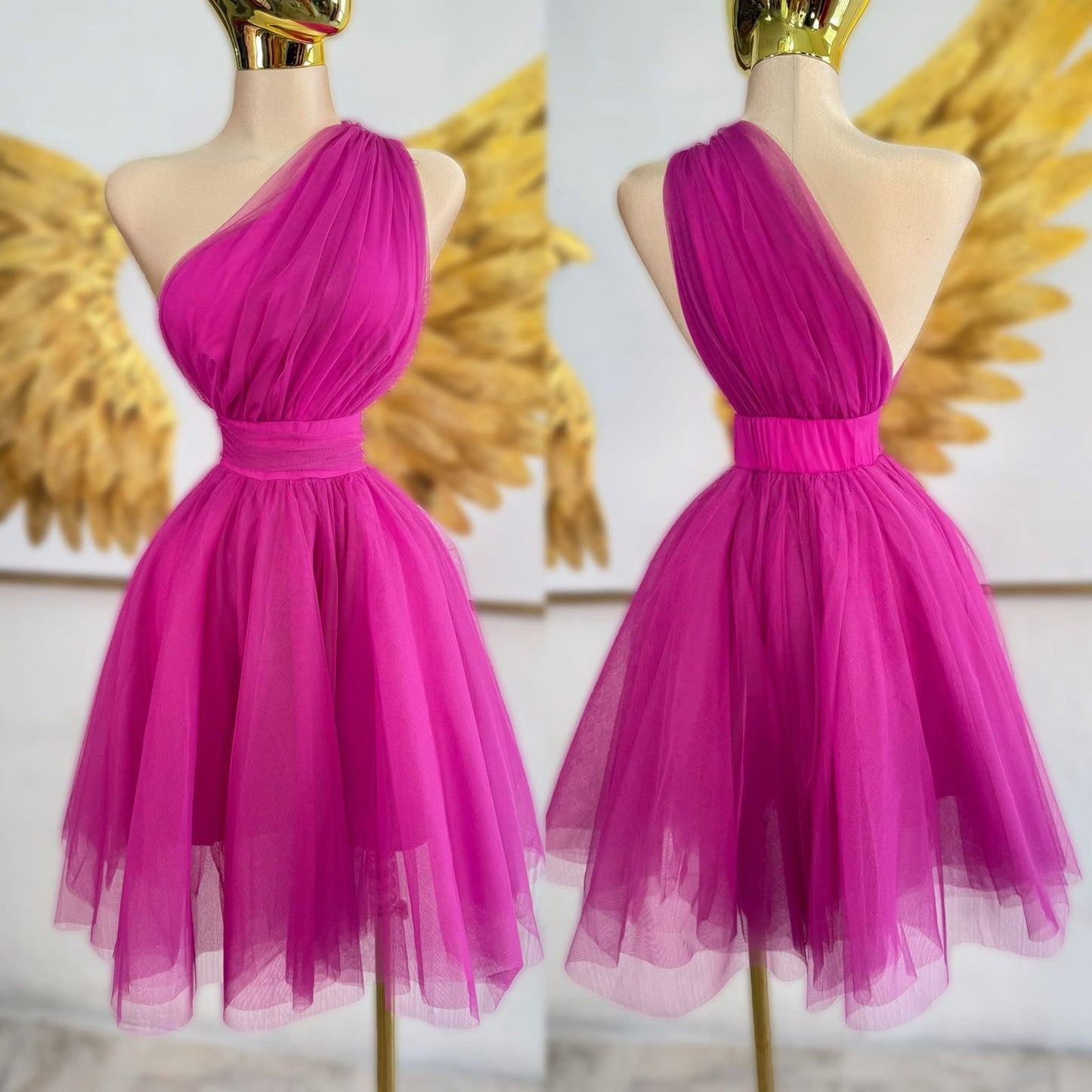 Vestido corto tul medio hombro