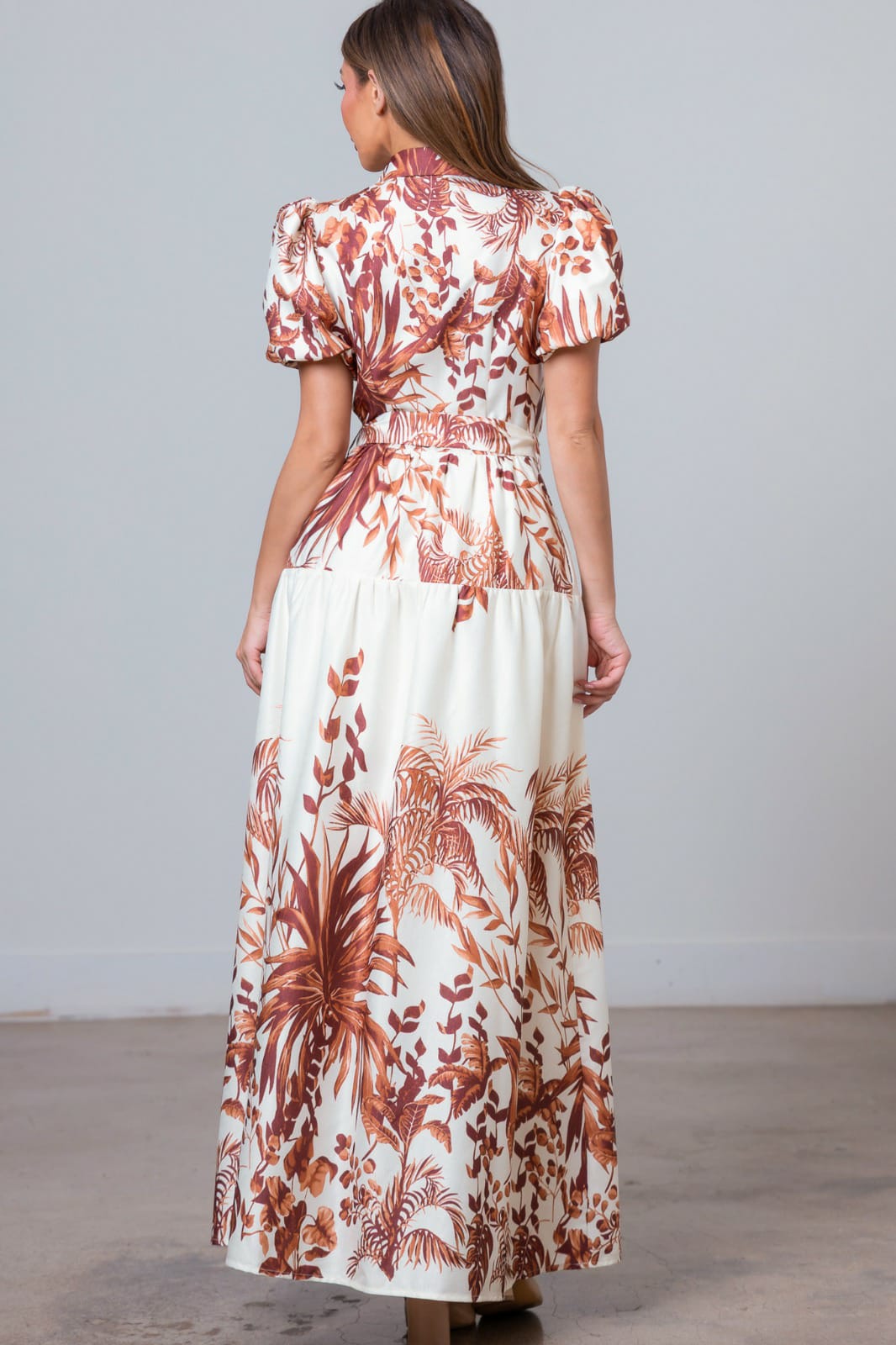 Vestido maxi hojas cafe