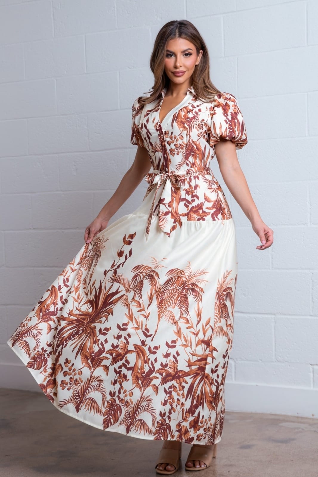 Vestido maxi hojas cafe