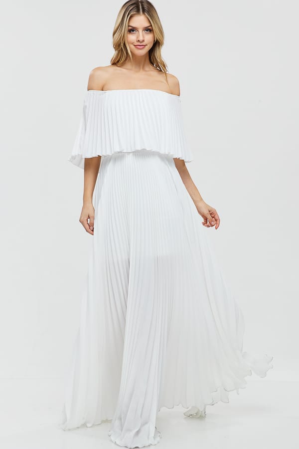 Vestido Maxi plisado hombro descubierto