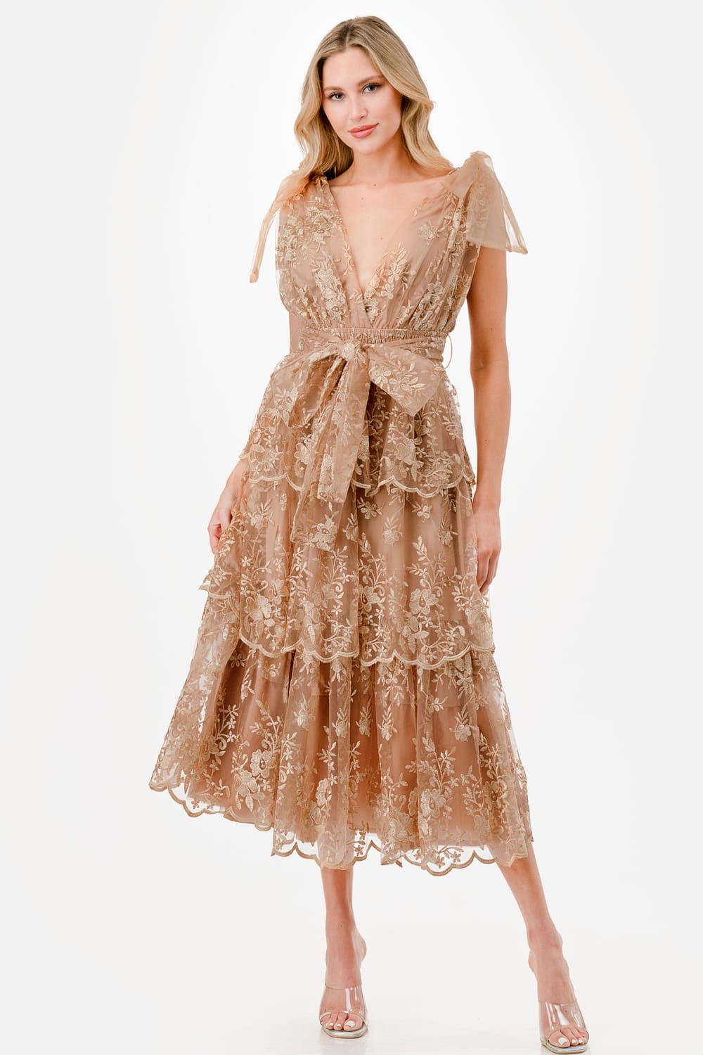 Vestido maxi encaje flores/olanes