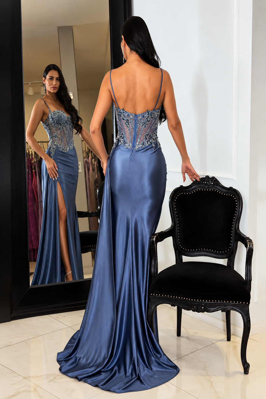 Vestido de gala satinado corsé con aplicaciones y tirantes - vista 3