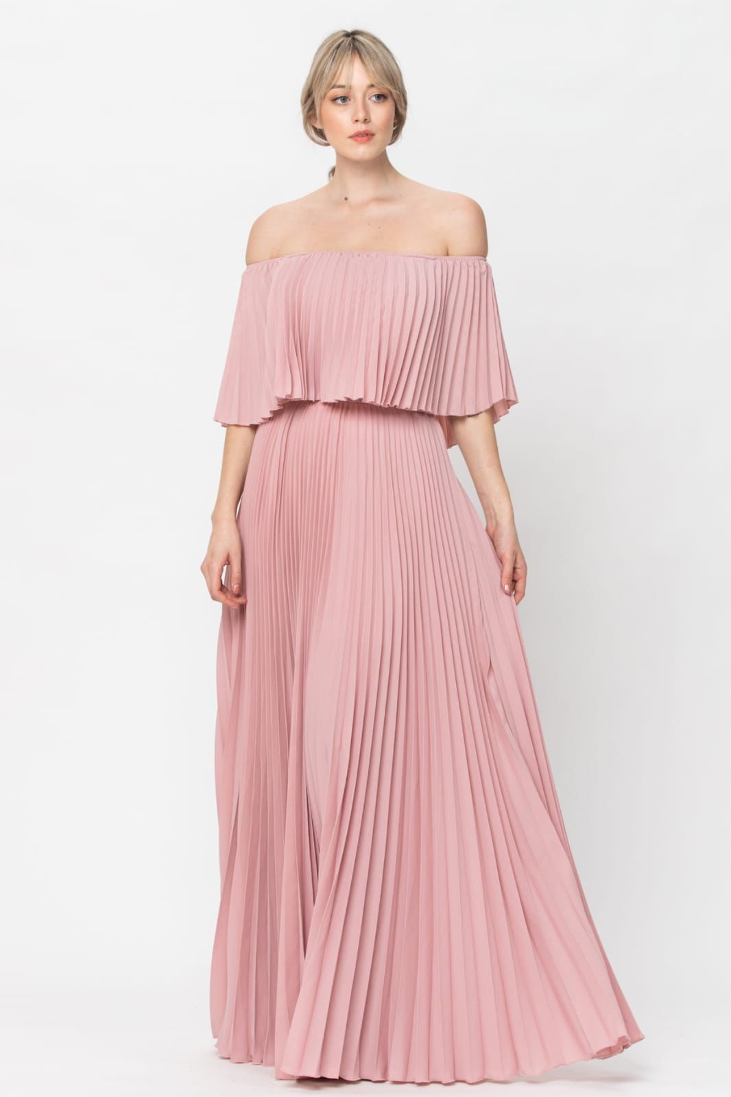 Vestido Maxi plisado hombro descubierto