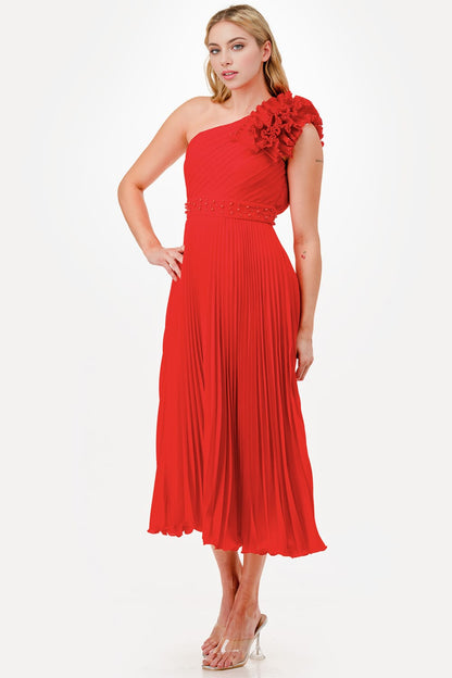 Vestido plisado medio hombro midi