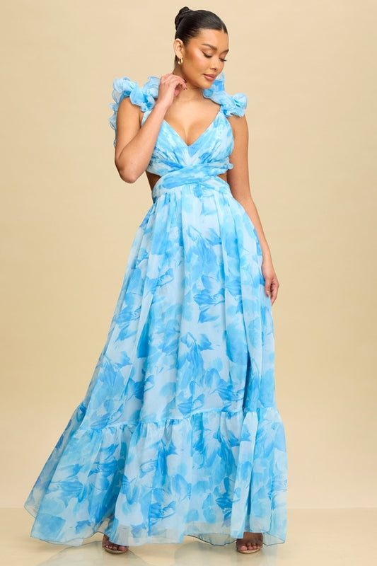 Vestido olanes en hombros floral azul