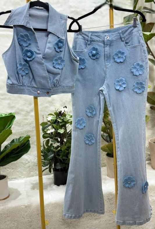 Set mezclilla flores top/pantalón
