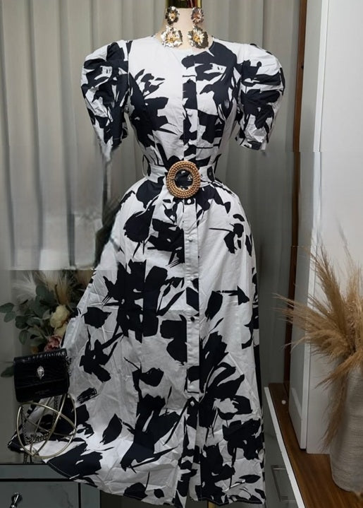 Vestido midi flores negras
