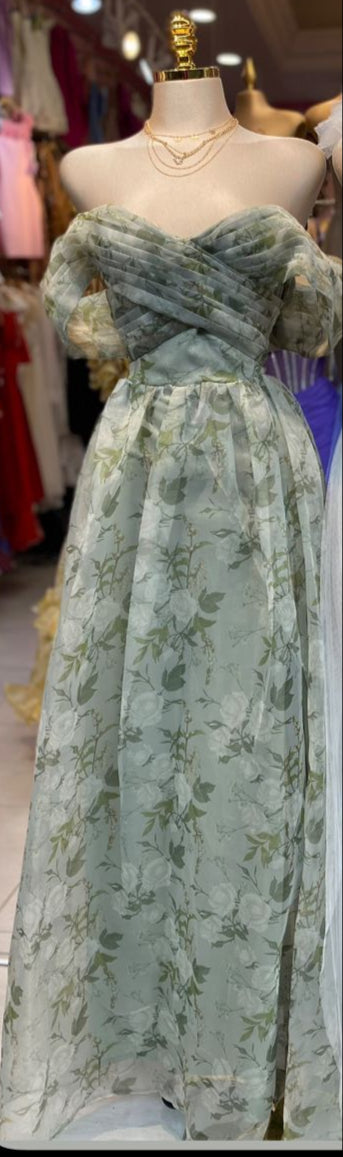 Vestido maxi organza floral/olivo