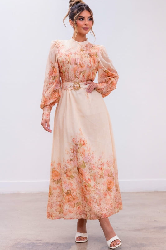 Vestido midi manga larga organza