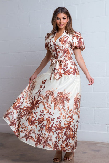 Vestido maxi hojas cafe