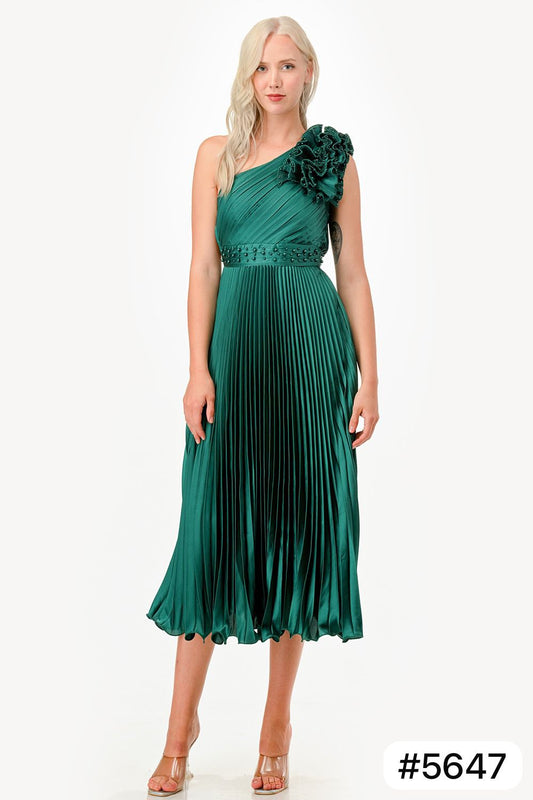 Vestido midi plisado medio hombro VB