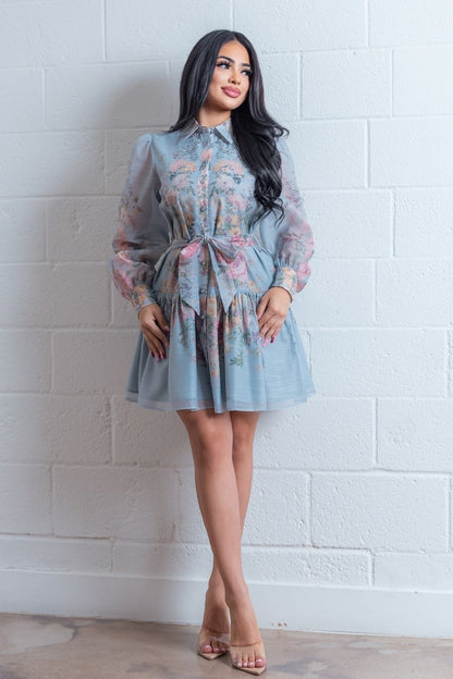 Vestido corto manga larga flores