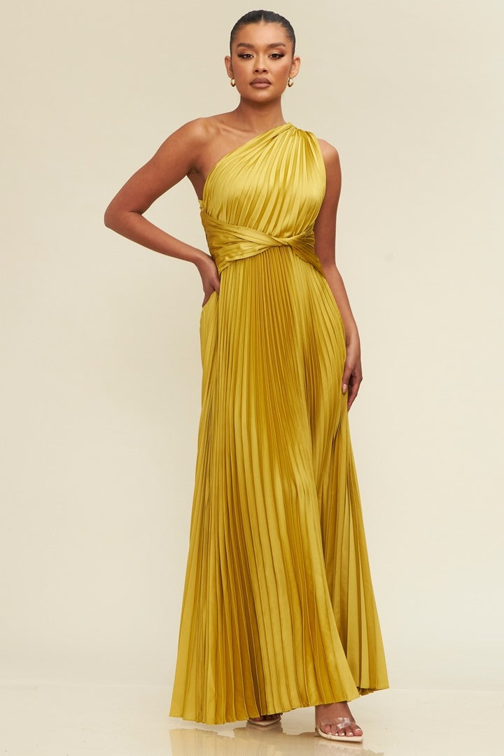 Vestido largo satín plisado