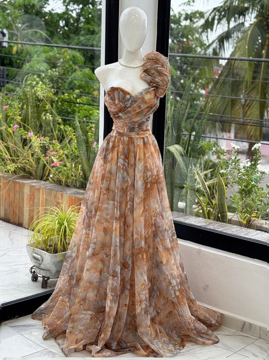 Vestido Maxi tul/floral medio hombro