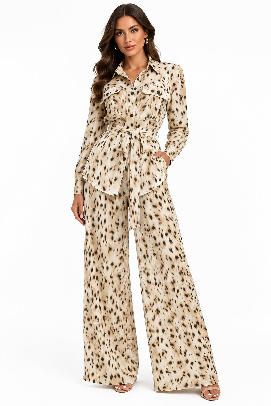 Conjunto camisa y pantalón animal print con cinturón
