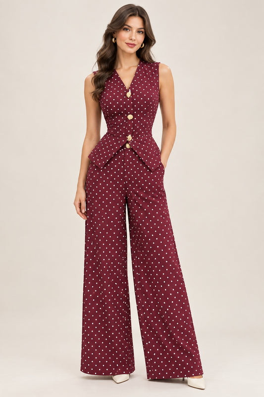 Conjunto chaleco y pantalón vino de lunares