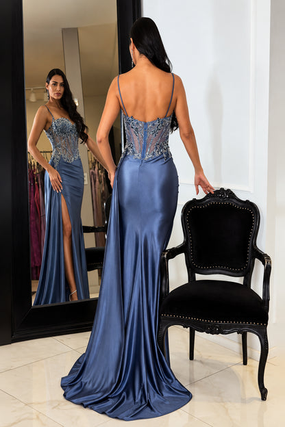 Vestido de gala satinado corsé con aplicaciones y tirantes - vista 3